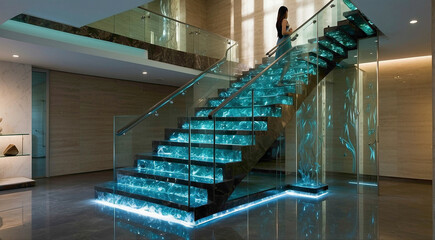 Glassy stairs ascend gracefully, their transparent steps seemingly suspended in mid-air, inviting...
