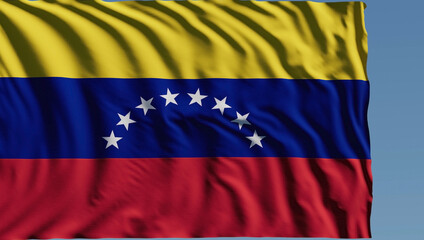 Close-up of the national flag of Venezuela flutters in the wind on a sunny day