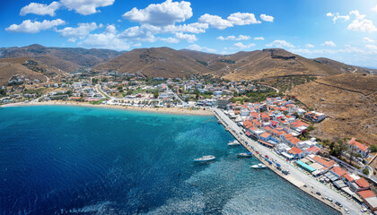 Aerial view of the beach and village Korissia, Tzia - Kea island, Greece, main port of the island for tourists