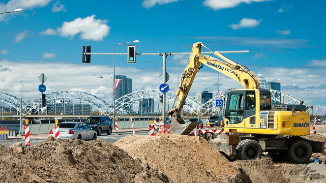 Riga, Latvia – May May 2023:construction equipment in the city during repair work