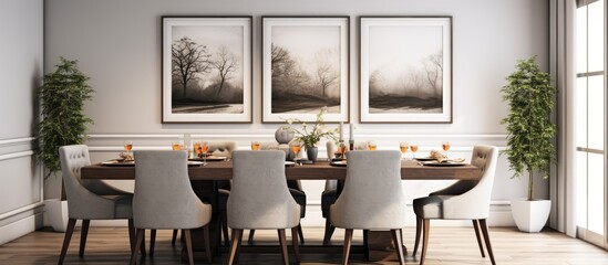 Modern dining room interior with gallery wall frame mockup