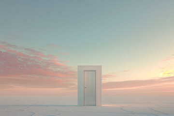  Surreal door opening to a serene sunrise, symbolizing new beginnings
