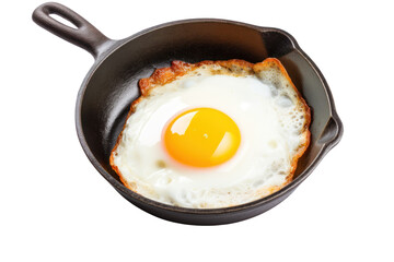 Fried eggs, served in an iron skillet, hot from the oven, isolated on a transparent background.