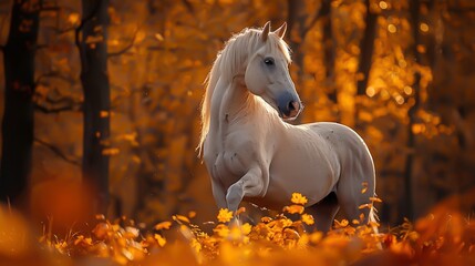 A white horse in the autumn forest