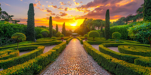The sun is setting in the sky, casting a warm golden light over a manicured garden filled with colorful flowers and lush greenery. - obrazy, fototapety, plakaty