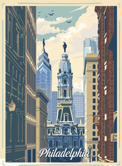 a cityscape of philadelphia with a clock tower