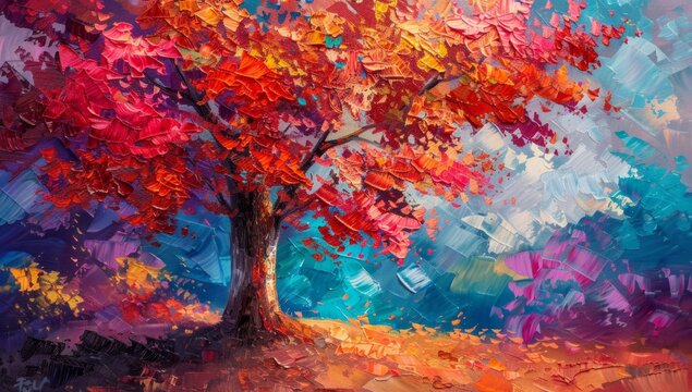 A beautiful tree with vibrant red, orange and yellow leaves stands in the center of an oil painting Generative AI