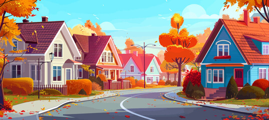 a painting of a street with houses in the fall