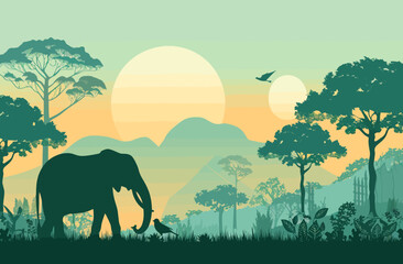 A vector illustration of a silhouette elephant and bird in the forest - obrazy, fototapety, plakaty