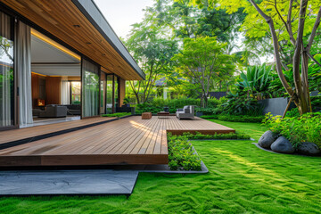 A tranquil garden setting showcasing a wooden deck and large glass windows on a modern architectural home, surrounded by vibrant greenery and flowering trees