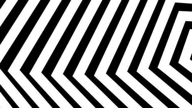 Modern black and white gradient horizontal motion graphic background with looping, concentric, thick polygon shapes coming out of the lateral margin