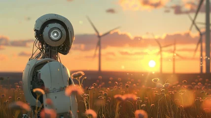 Foto op Canvas Robot experiences dawn of AI amid blooming fields and wind turbines © Omtuanmuda