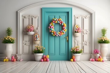 Easter doors decoration with eggs and flowers. decorated for Easter with spring flowers and colored eggs, wreath on the door, 
