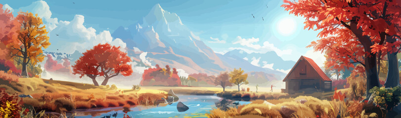 A beautiful autumn landscape with trees, meadows and mountains in the style of cartoon