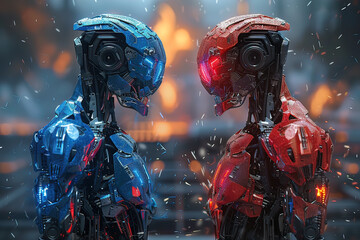 Two AIs face off in a battle. A good AI and an evil one confront each other face to face. Concept: The future of AI. One is red and the other is blue