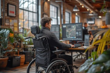 Obraz premium A diligent professional in a wheelchair tackles tasks at a spacious office desk, reflecting accessibility and inclusivity