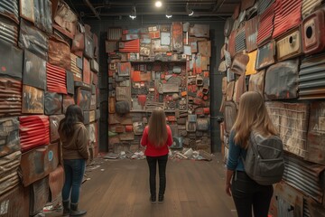 Obraz premium Visitors viewing a colorful mixed media art installation with vibrant textured wall pieces