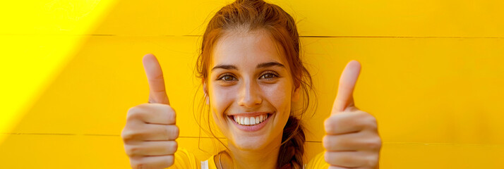 A young woman with brunette hair smiling and giving a thumbs up gesture, expressing positivity and approval.
