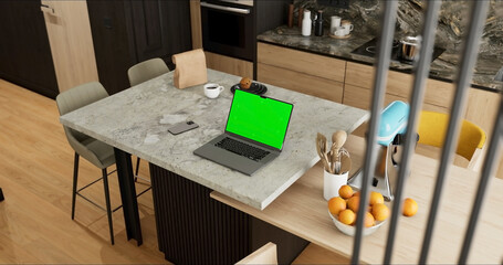Laptop place on room table, Green screen display, Close up monitor of notebook with mock up
