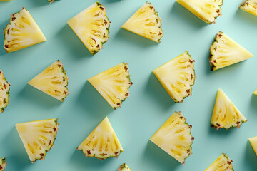 Naklejka premium Freshly sliced pineapples arranged neatly on a vibrant blue background in a top view flat lay style