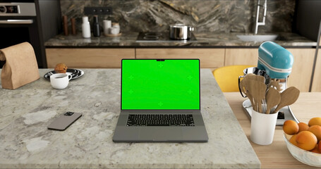 Laptop place on room table, Green screen display, Close up monitor of notebook with mock up