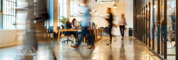 This photo captures a modern office space with several blurred figures of business professionals going about their work. The image conveys a sense of movement and activity within the workplace