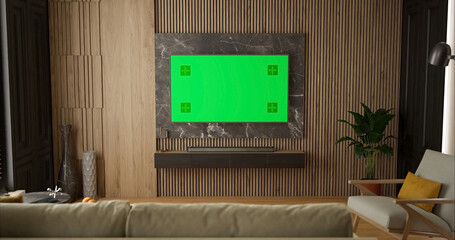 Flat modern green screen TV on the wall in the living room of a beautiful apartment. Morning light, news or movie time. - 756587770