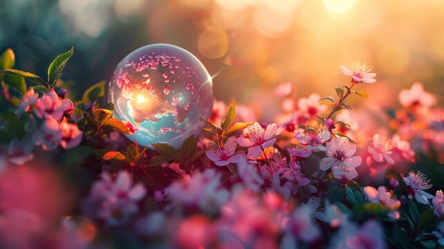 Glimmering globe amidst blossoms envisions a world flourishing in harmony
