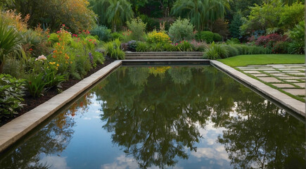 In the heart of the lush forest, a tranquil pool lies hidden, its surface reflecting the verdant canopy above like a mirror to nature's secrets.





