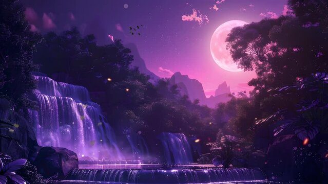 Majestic Purple Sky with Full Moon and Silhouetted Trees, Creating a Serene Nighttime Scene. Seamless Looping 4k Video Animation