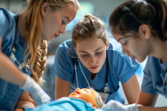 Nurse students practising CPR on a training mannequin in a medical class