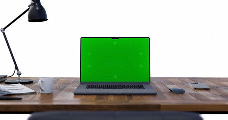 Empty Green Screen Display Laptop for Watching and Paste Background e Business Blog or Gaming App. Pc with Clear Alpha channel for Mockup. Concept Computer Technological on Video Call Close-Up
