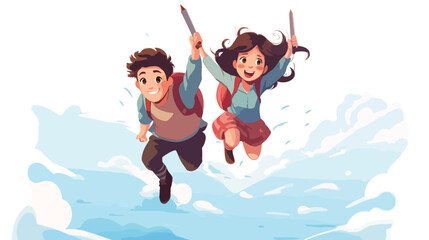 Boy and girl flying on a pencil flat vector isolated