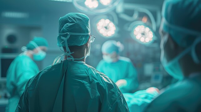 Focused Surgeon in Operating Room, surgeon in scrubs is captured from behind, looking towards a team performing surgery in a brightly lit operating room, epitomizing precision and focus