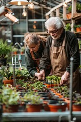An older couple working together, planting seedlings in their cozy greenhouse, surrounded by rows of flourishing seedlings and potted plants