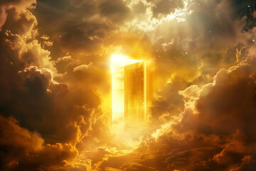 Divine Gateway Amidst Golden Clouds Signifying Spiritual Journey to Heaven - obrazy, fototapety, plakaty