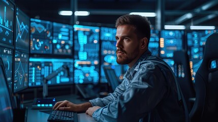 Cybersecurity Expert Monitors Data, focused male cybersecurity specialist analyzes complex data on multiple computer screens in a high-tech control room