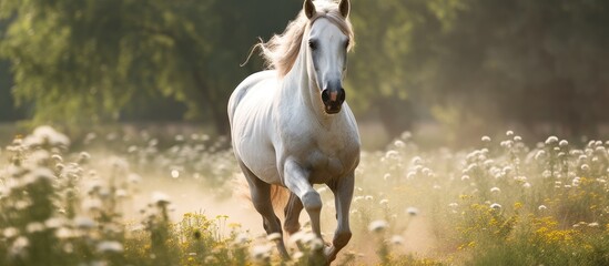 A white horse, a working animal with a flowing mane, gallops through a natural landscape of tall grass in a vast grassland