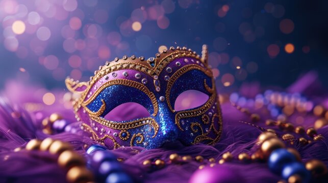 Carnival Mystery: Mardi Gras Essence, luxurious purple Mardi Gras mask adorned with glitter and jewels rests on a soft bed of feathers, flanked by festive beads