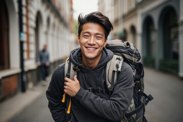 Ein junger asiatischer Mann lächelt in die Kamera. A young Asian man smiles into the camera - obrazy, fototapety, plakaty