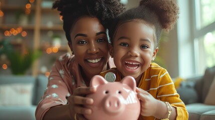 Joyful Mother and Daughter Saving Money, smiling African American mother and her young daughter happily contribute to their piggy bank, teaching valuable lessons on savings - obrazy, fototapety, plakaty