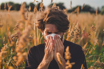 person in a field blowing his nose, person with allergies standing in a field, person with pollen allergy blowing his nose  - obrazy, fototapety, plakaty