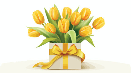 Bunch of spring yellow tulips in gift box on white 