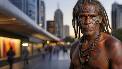 Portrait of an Australian Aboriginal man at city street in present time. Adaptation of ancient man in modern society - obrazy, fototapety, plakaty