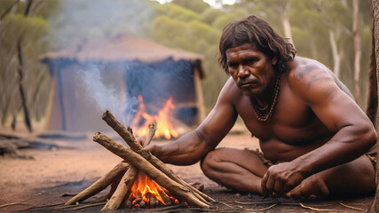 Australian aboriginal man near the fire - obrazy, fototapety, plakaty