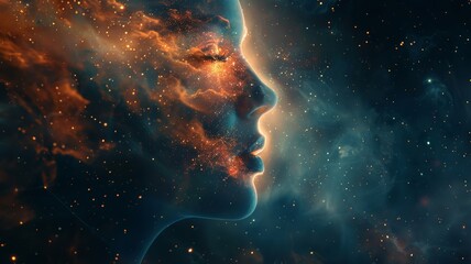 Cosmic visage contemplating the infinite beauty of a star-studded galaxy - obrazy, fototapety, plakaty