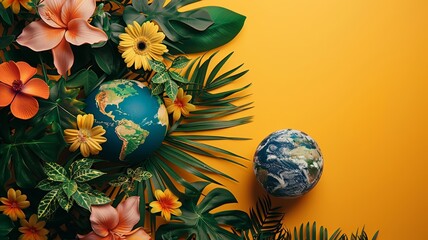 Global environment concept with vibrant florals and twin Earth globes - obrazy, fototapety, plakaty