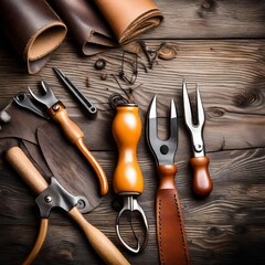 set of tools on wooden background