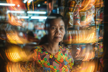 Fototapeta na wymiar A simple street market seller in front of her stand stall. Blurred background with bokeh. Created with Generative AI technology.