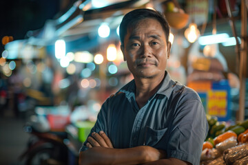 Fototapeta premium A simple street market seller in front of his stand stall. Blurred background with bokeh. Created with Generative AI technology.